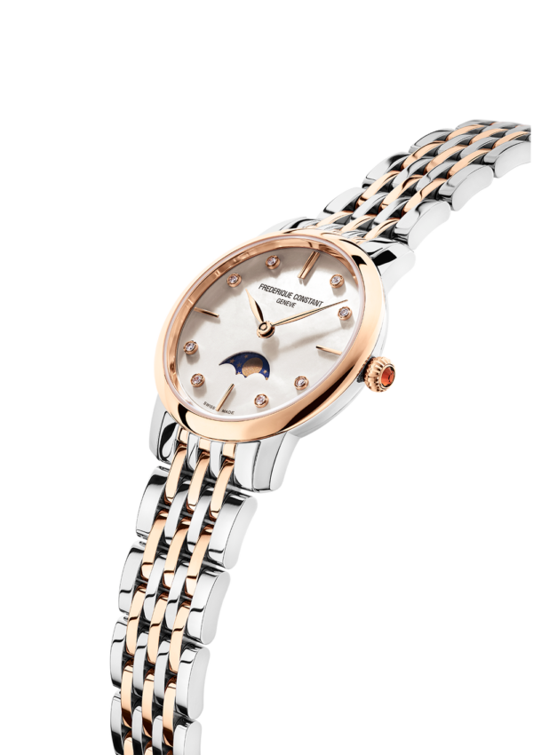 FREDERIQUE CONSTANT SLIMLINE MOONPHASE LADIES QUARTZ 30 MM POLISHED STAINLESS STEEL WHITE MOTHER OF PEARL WITH 8 SET DIAMOND AND ROSE GOLD
