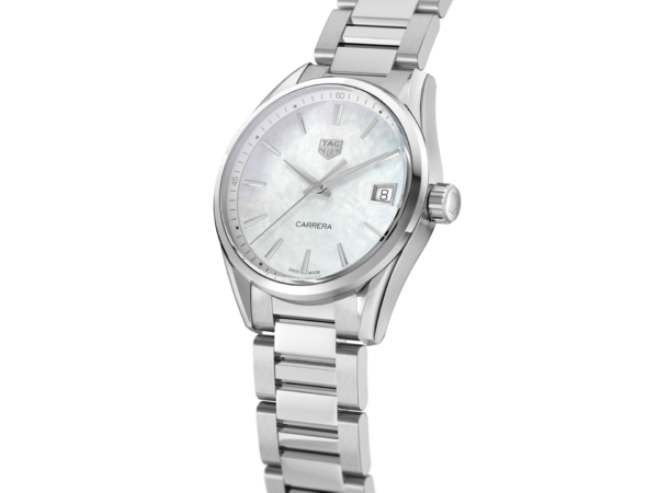 TAG HEUER CARRERA QUARTZ 36 MM POLISHED STEEL WHITE MOTHER OF PEARL
