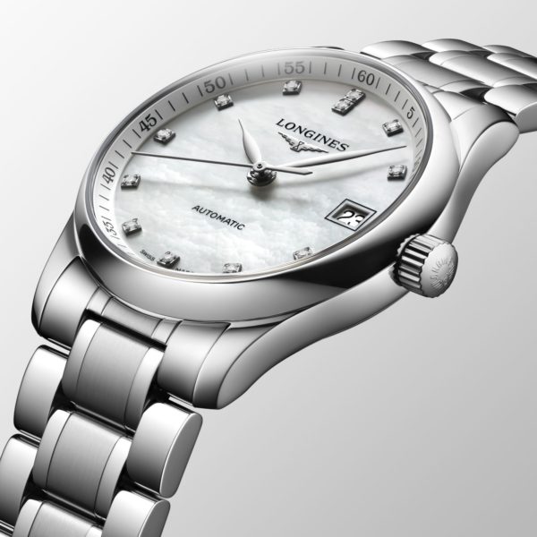 LONGINES THE LONGINES MASTER COLLECTION AUTOMATIC 34 MM STAINLESS STEEL WHITE MOTHER OR PEARL WITH 12 DIAMONDS