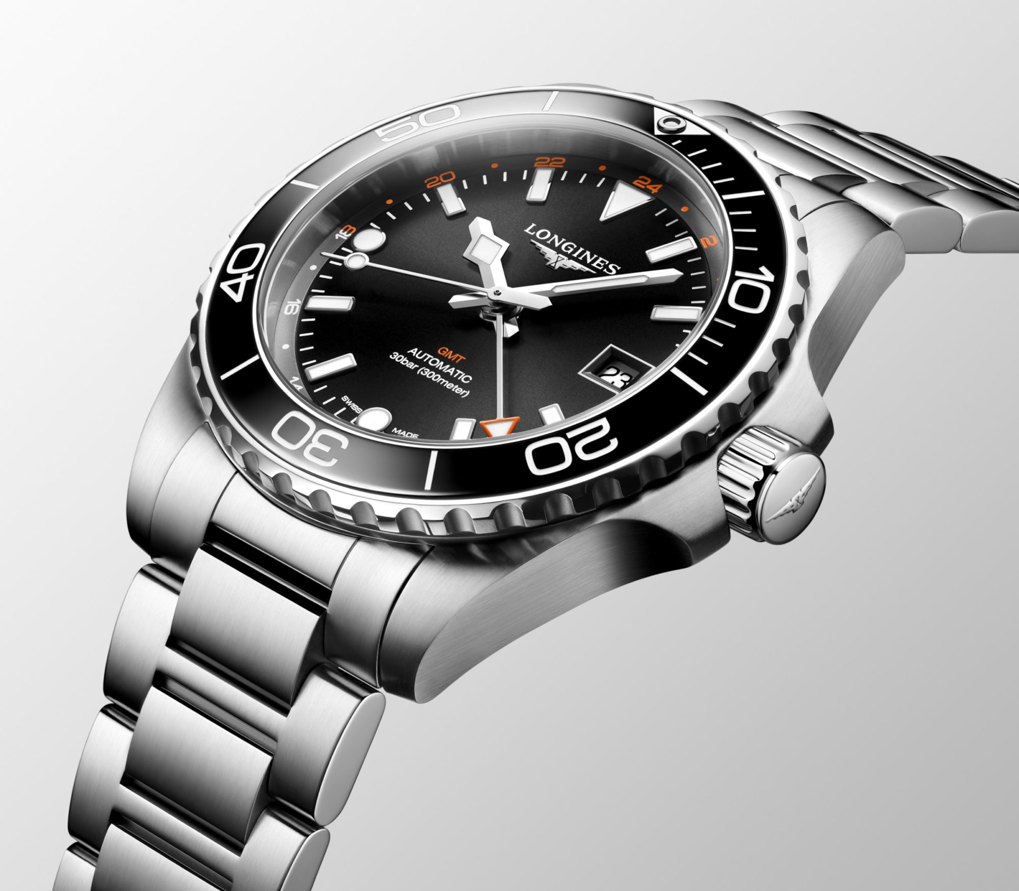 LONGINES HYDROCONQUEST GMT AUTOMATIC 41 MM STAINLESS STEEL AND CERAMIC BLACK WITH SUNRAY EFFECT