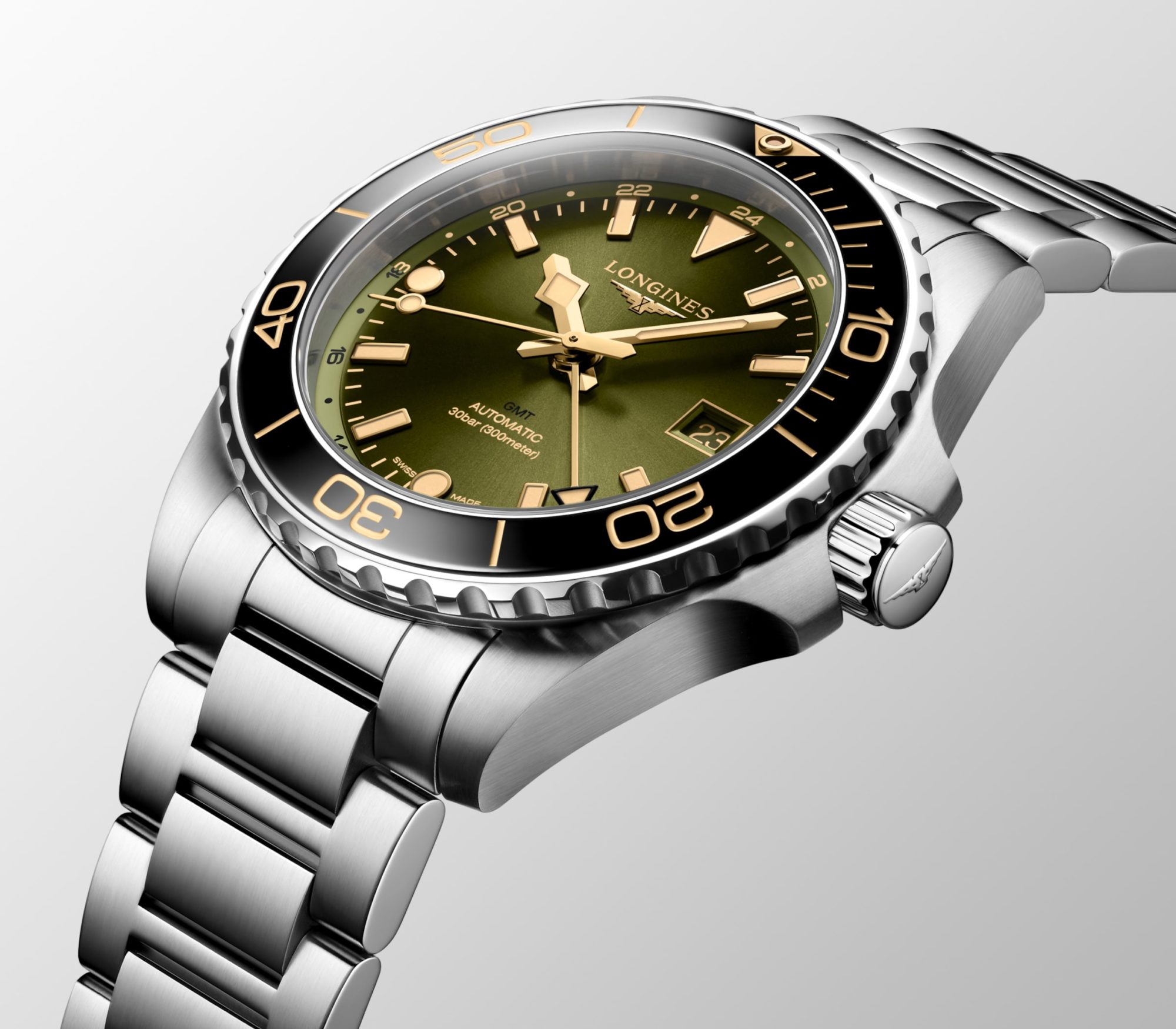 LONGINES HYDROCONQUEST GMT AUTOMATIC 41 MM STAINLESS STEEL AND CERAMIC GREEN