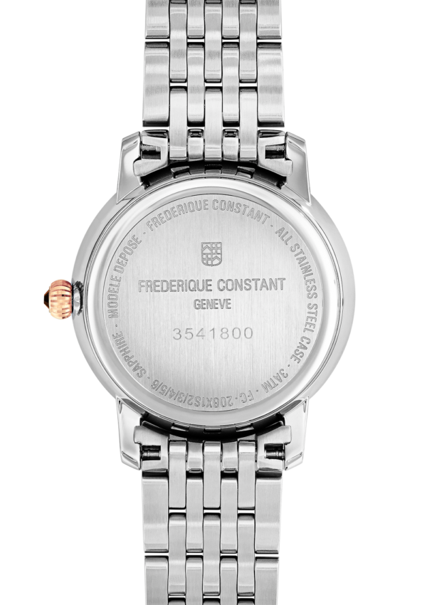 FREDERIQUE CONSTANT SLIMLINE MOONPHASE LADIES QUARTZ 30 MM POLISHED STAINLESS STEEL WHITE MOTHER OF PEARL WITH 8 SET DIAMOND AND ROSE GOLD