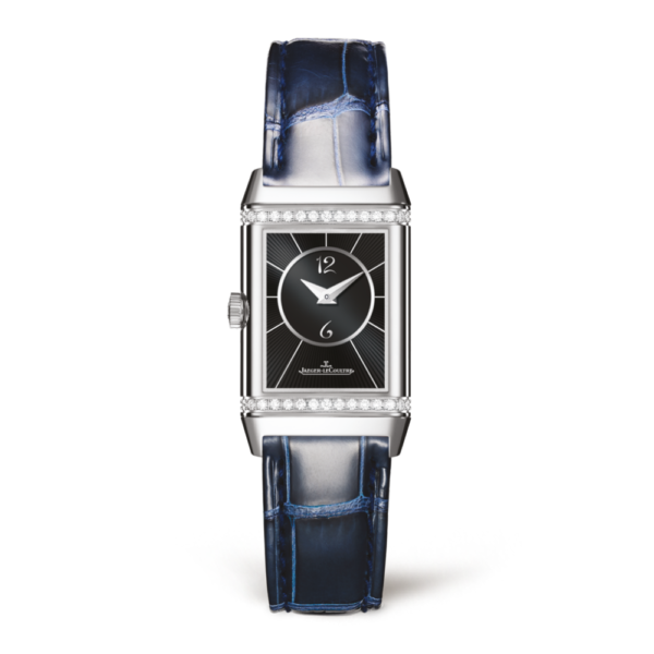 JAEGER LE COULTRE REVERSO MANUAL WINDING 34.20 MM X 21.00 MM STEEL GRAY SILVER SATIN VERTICAL AND GUILLOCKED BLACK TRACED FIGURES