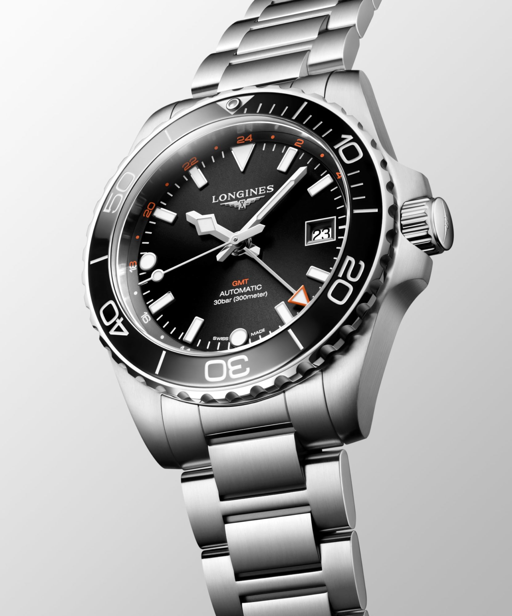LONGINES HYDROCONQUEST GMT AUTOMATIC 41 MM STAINLESS STEEL AND CERAMIC BLACK WITH SUNRAY EFFECT