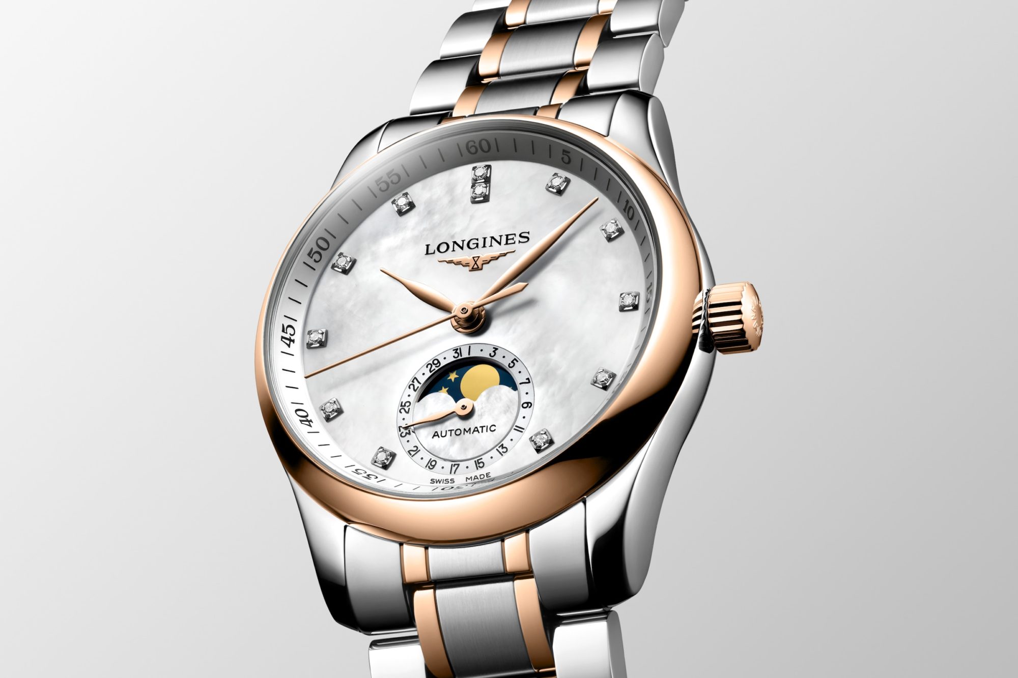 LONGINES THE LONGINES MASTER COLLECTION AUTOMATIC 34 MM STEEL AND 18 CARAT ROSE GOLD WHITE MOTHER OR PEARL WITH 12 DIAMONDS