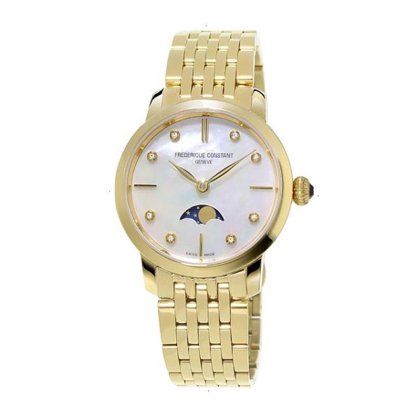 FREDERIQUE CONSTANT SLIMLINE MOONPHASE LADIES QUARTZ 30 MM PVD WHITE MOTHER OF PEARL WITH 8 DIAMONDS