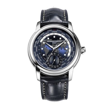 FREDERIQUE CONSTANT CLASSIC WORLDTIMER AUTOMATIC 42 MM STAINLESS STEEL NAVY COLOR WITH DARK GREY WORLD MAP IN THE CENTER