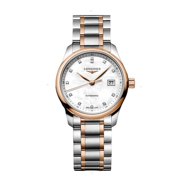 LONGINES THE LONGINES MASTER COLLECTION AUTOMATIC 29 MM STAINLESS STEEL AND 18 CARAT ROSE GOLD 200 MICRON BLADE WHITE MOTHER OR PEARL WITH 12 DIAMONDS