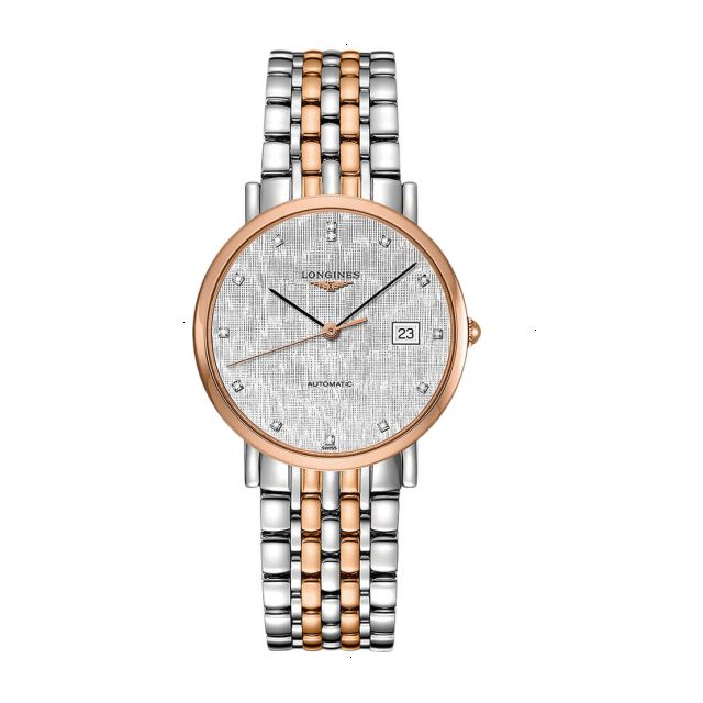 LONGINES THE LONGINES ELEGANT COLLECTION AUTOMATIC 37 MM STAINLESS STEEL AND 18 CARAT ROSE GOLD 200 MICRON BLADE SILVER STRIPES WITH 13 DIAMONDS