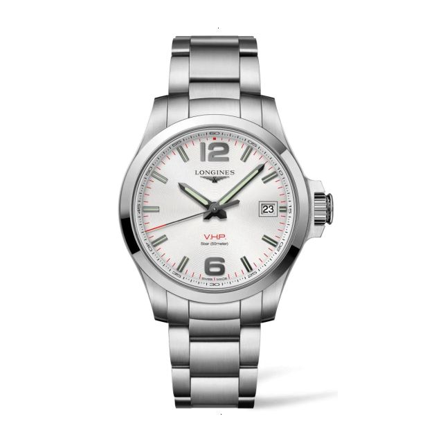LONGINES CONQUEST V.H.P. QUARTZ 41 MM STAINLESS STEEL SILVER ENGRAVED