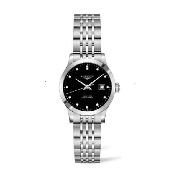 LONGINES RECORD COLLECTION AUTOMATIC 30 MM STAINLESS STEEL BLACK POLISHED LACQUER WITH 13 DIAMONDS