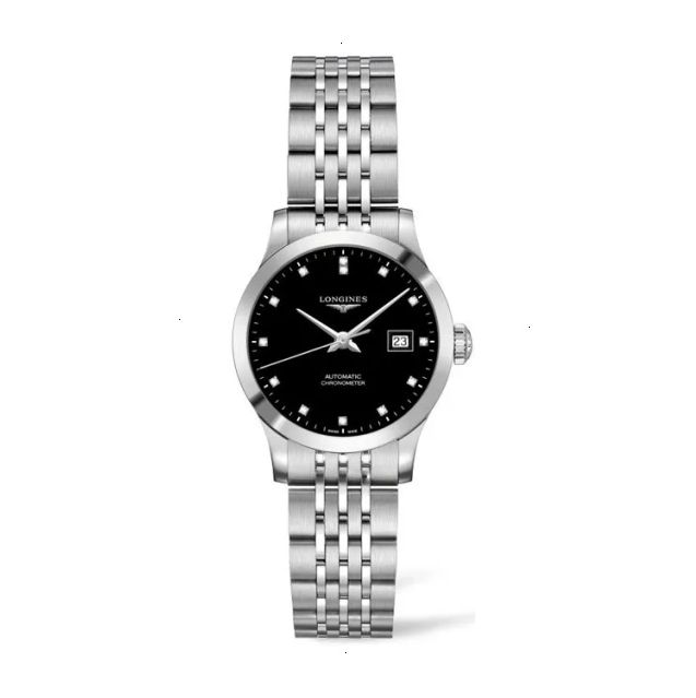 LONGINES RECORD COLLECTION AUTOMATIC 30 MM STAINLESS STEEL BLACK POLISHED LACQUER WITH 13 DIAMONDS