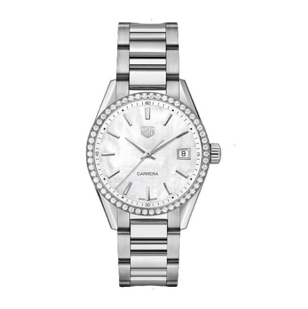 TAG HEUER CARRERA QUARTZ 36 MM STEEL WITH DIAMONDS WHITE MOTHER OF PEARL