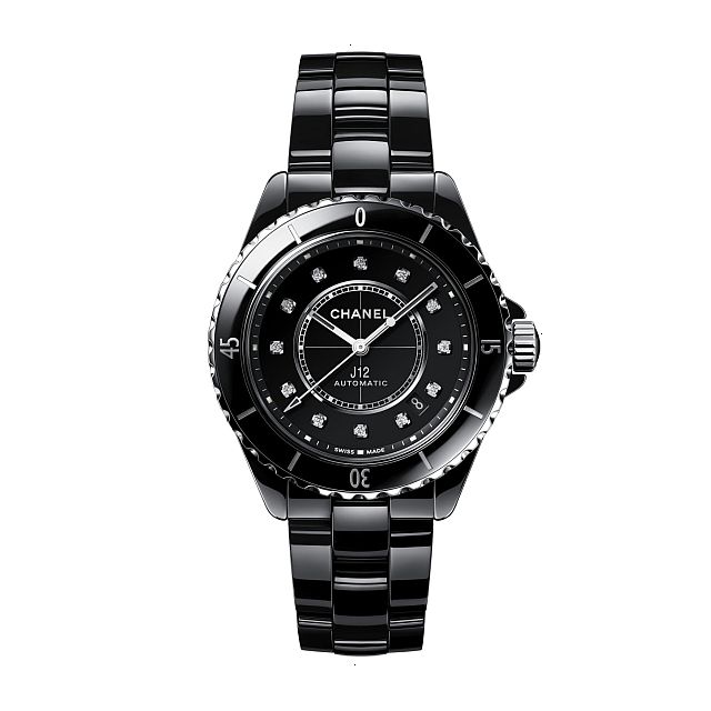 CHANEL J12 CHRONOGRAPH AUTOMATIC MECHANICAL 38.00 MM X 12.60 MM HIGH RESISTANCE CERAMIC BLACK AND STEEL LACQUERED BLACK WITH 12 DIAMOND INDEXES