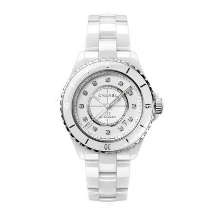 CHANEL J12 CHRONOGRAPH AUTOMATIC MECHANICAL 38.00 MM X 12.60 MM HIGH RESISTANCE CERAMIC WHITE AND STEEL WHITE LACQUERED SET WITH 12 DIAMOND INDEXES
