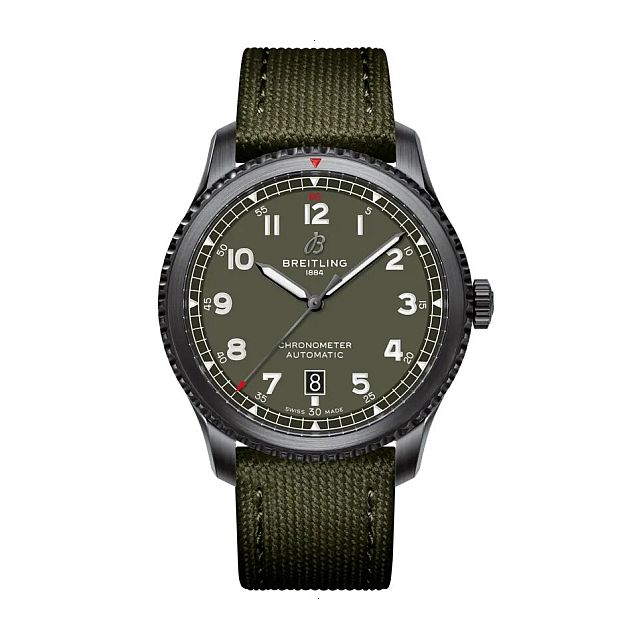 BREITLING CLASSIC AVI AVIATOR 8 AUTOMATIC 41 BLACK STEEL CURTIS WARHAWK AUTOMATIC MECHANICAL 41 MM STAINLESS STEEL COATED WITH DLC GREEN