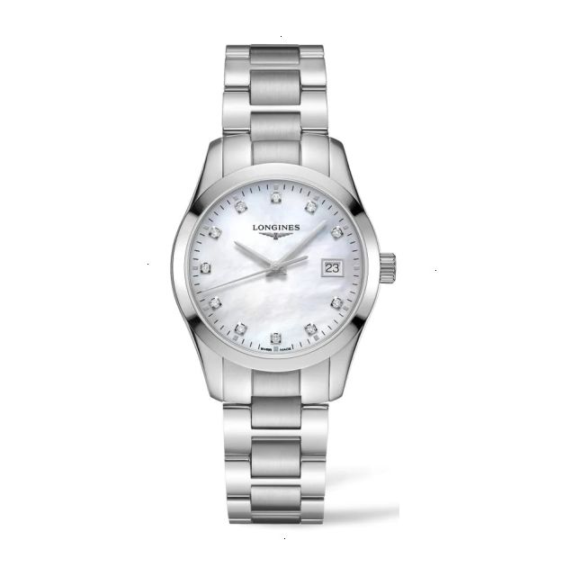 LONGINES CONQUEST CLASSIC QUARTZ 34 MM STAINLESS STEEL WHITE MOTHER OF PEARL WITH 11 DIAMONDS