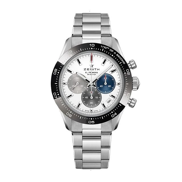 ZENITH CHRONOMASTER FIRST 41 MM STEEL AND CERAMIC MATTE WHITE WITH APPLIED TRICOLOR COUNTERS