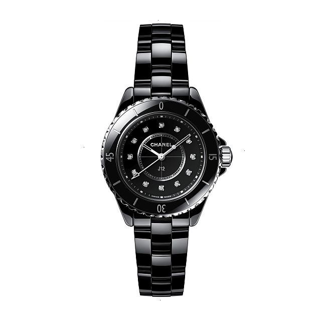 CHANEL J12 CHRONOGRAPH QUARTZ 33.00 MM X 12.94 MM HIGH RESISTANCE CERAMIC BLACK AND STEEL LACQUERED BLACK WITH 12 DIAMOND INDEXES