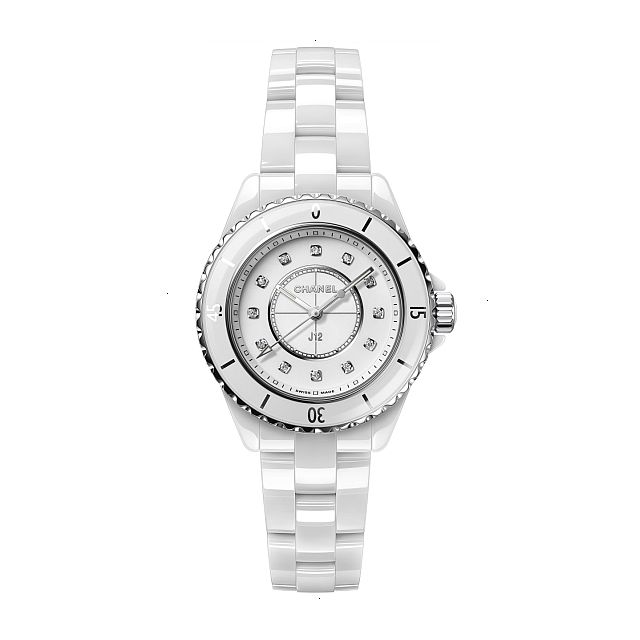 CHANEL J12 CHRONOGRAPH QUARTZ 33.00 MM X 12.94 MM HIGH RESISTANCE CERAMIC WHITE AND STEEL WHITE LACQUERED SET WITH 12 DIAMOND INDEXES