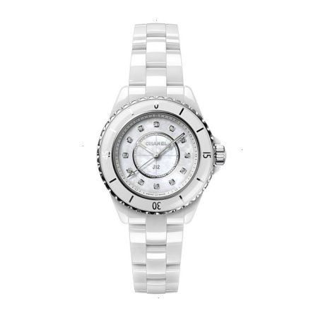 CHANEL J12 CHRONOGRAPH QUARTZ 33.00 MM X 12.94 MM HIGH RESISTANCE CERAMIC WHITE AND STEEL WHITE MOTHER OF PEARL SET WITH 12 DIAMOND INDEXES