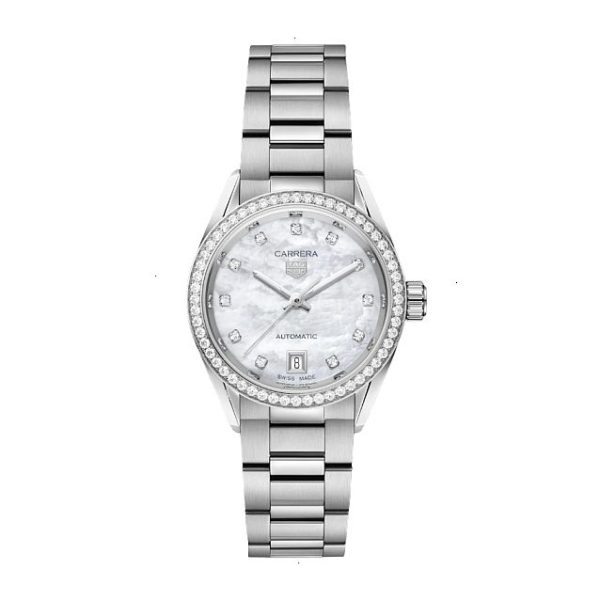 TAG HEUER CARRERA AUTOMATIC 29 MM POLISHED STEEL WHITE MOTHER OF PEARL WITH 11 DIAMONDS