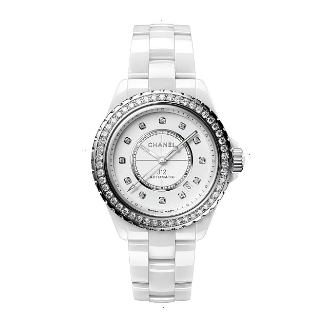 CHANEL J12 AUTOMATIC MECHANICAL 38.00 MM X 12.60 MM HIGH RESISTANCE CERAMIC WHITE AND STEEL WHITE LACQUERED SET WITH 12 DIAMOND INDEXES