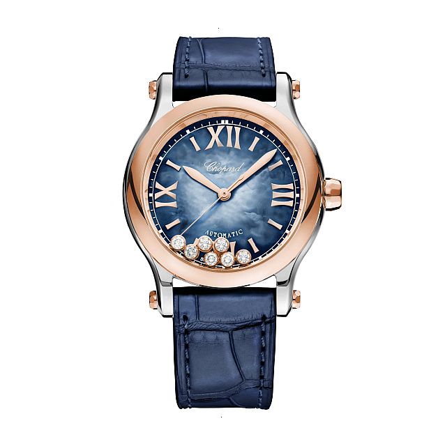 CHOPARD HAPPY SPORT AUTOMATIC 36 MM STEEL AND 18 CARAT ROSE GOLD BLUE