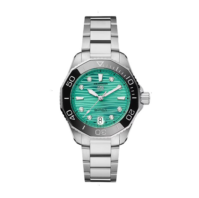TAG HEUER AQUARACER PROFESSIONAL 300 AUTOMATIC 36 MM SATIN / POLISHED STEEL GREEN WITH 8 DIAMONDS