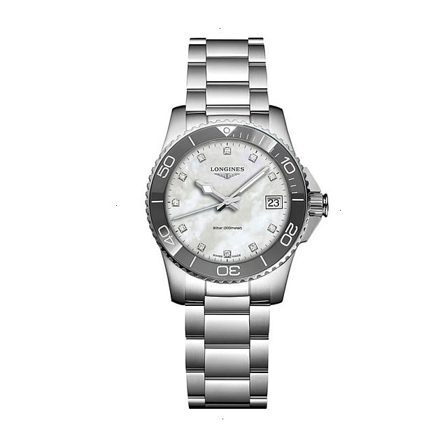 LONGINES HYDROCONQUEST QUARTZ 32 MM STAINLESS STEEL WHITE MOTHER OF PEARL WITH 11 DIAMONDS