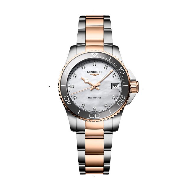LONGINES HYDROCONQUEST QUARTZ 32 MM STAINLESS STEEL AND CERAMIC WHITE MOTHER OF PEARL WITH 11 DIAMONDS