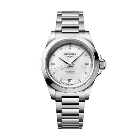 LONGINES CONQUEST 2023 AUTOMATIC 34 MM STAINLESS STEEL WHITE NACAR WITH 14 DIAMONDS