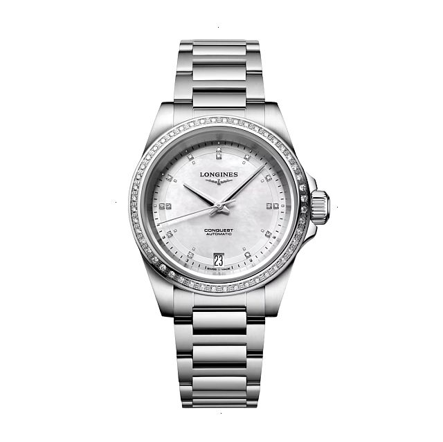 LONGINES CONQUEST AUTOMATIC 34 MM STAINLESS STEEL WHITE MOTHER OR PEARL WITH 12 DIAMONDS