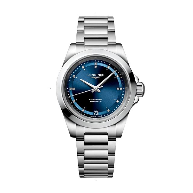 LONGINES CONQUEST AUTOMATIC 34 MM STAINLESS STEEL BLUE WITH SUNRAY EFFECT WITH 14 DIAMONDS