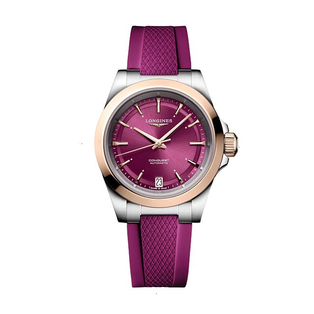 LONGINES CONQUEST AUTOMATIC 34 MM STAINLESS STEEL AND 200 MICRON 18KT ROSE GOLD SHEET PURPLE